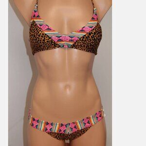 NWT VOLCOM Swimsuit Bikini 2pc set Size M Black cheeky animal print sport bra